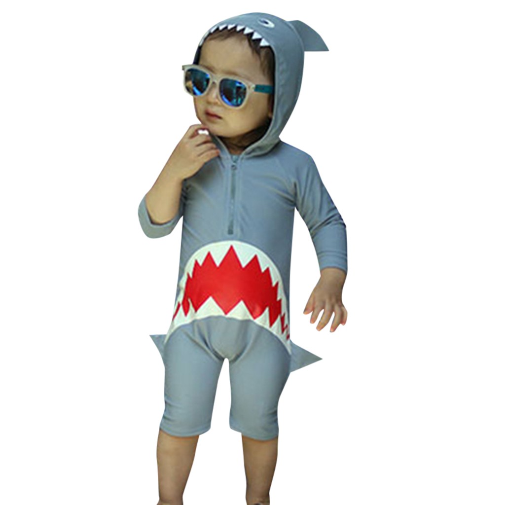 Børn børn langærmet badetøj tegneserie haj hætteklædte strand badedragt ét stykke badedragt sød med svømmehætte i underholdning