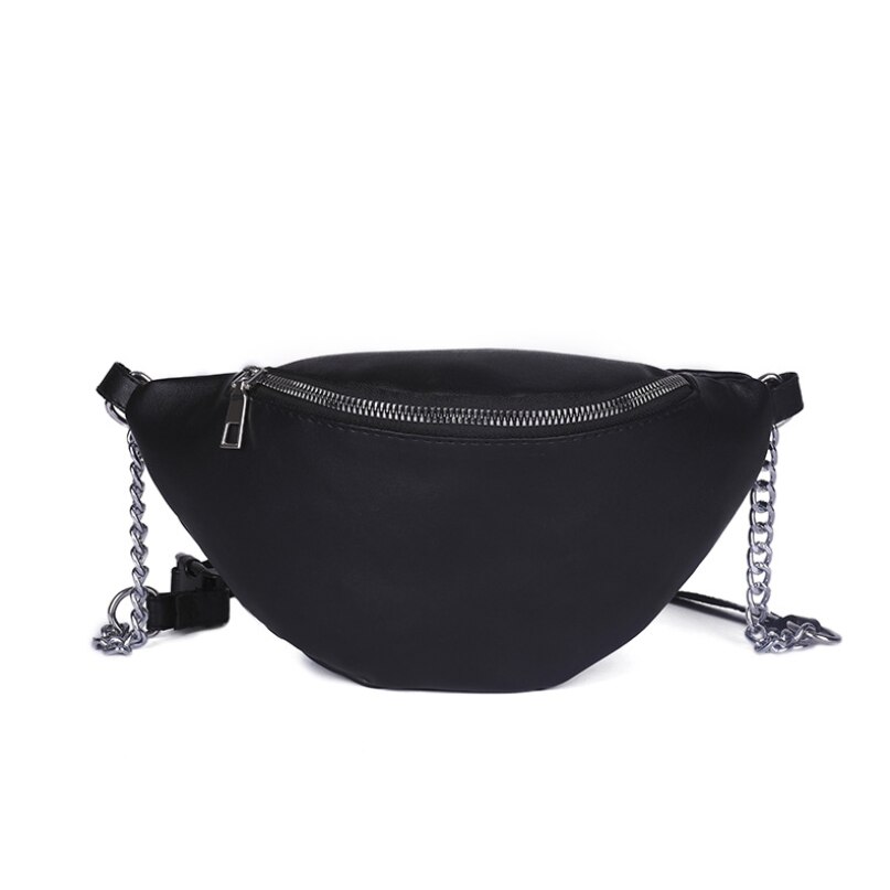 Riñonera con cadena de para mujer, bolso de cintura de cuero PU, para el pecho: Negro