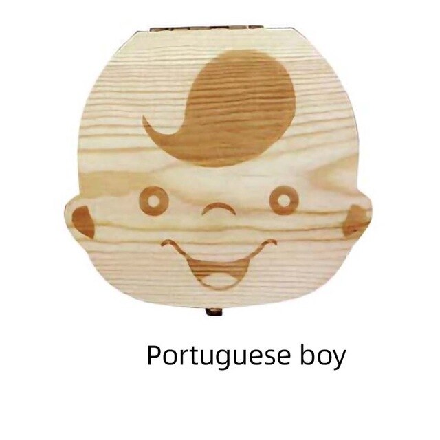 Wooden Baby Tooth Box Spanish/English/Dutch/Russian/French /Italian Wooden Milk Teeth Organizer Storage Boys Girls Baby Souvenir: Portuguese boy