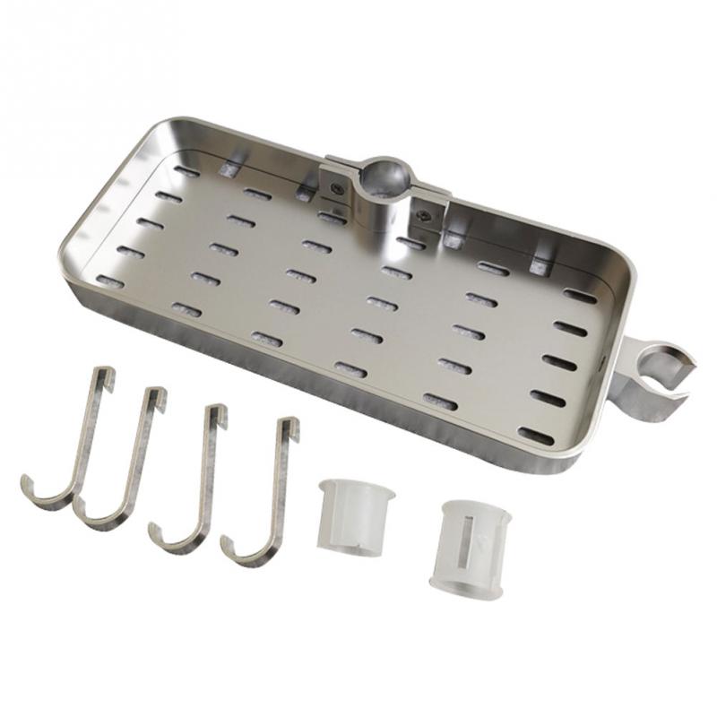 Taca hotelowa półka łazienkowa na drążek prysznicowy regał magazynowy uniwersalny prostokąt bez wiercenia opróżnianie przestrzeń domowa aluminium z 4 haczykami: srebro