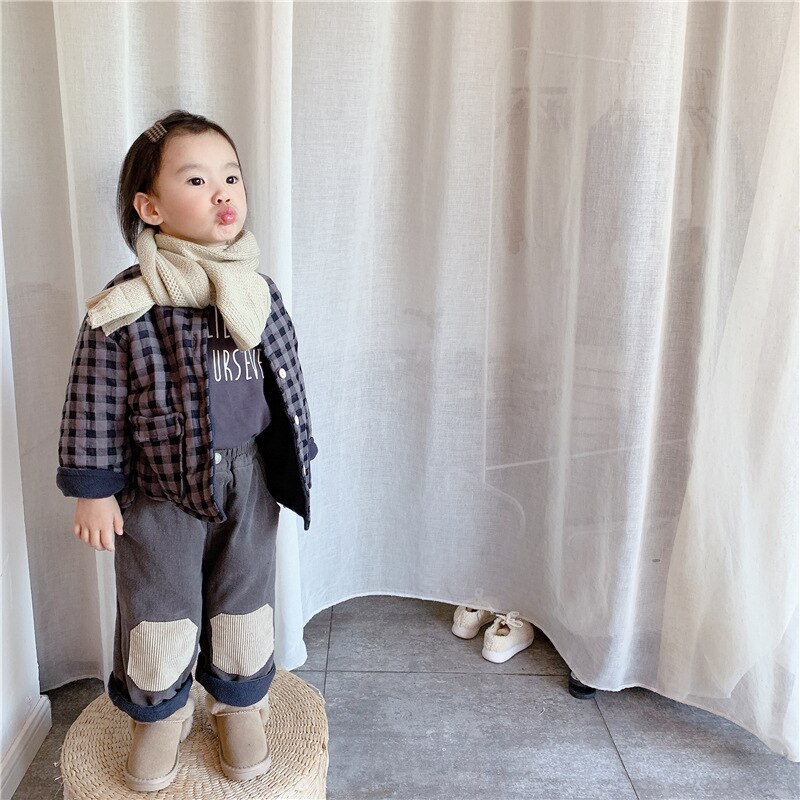 Winter Korean-Style Velvet Quilted Cotton Cloth Girl's Autumn Plaid Jacket Kids Baby Cotton-Padded Clothes Single Breasted