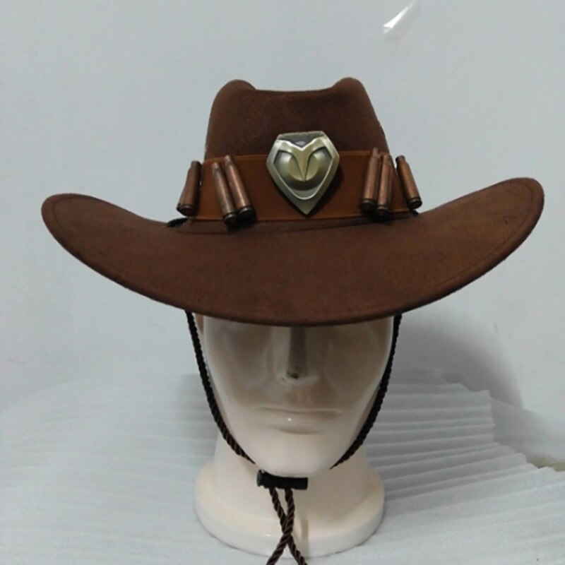 Owt Horloge Over Mccree Cos Cowboyhoed Met Metalen Koperen Badge Bullet Ambachten Kostuum Bamf Gesp Lederen Riem