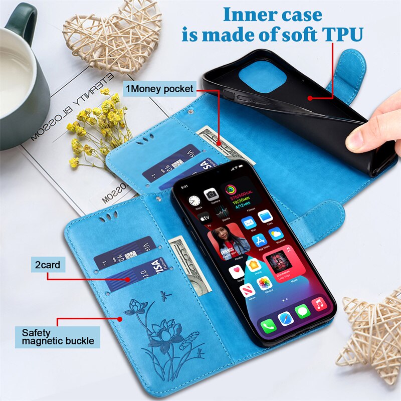 Stojak na książki portfel Coque na Google Pixel 7 Pro etui na Google Pixel7 7Pro pixel7pro 6 6pro wytłoczony kwiat lotosu etui na karty