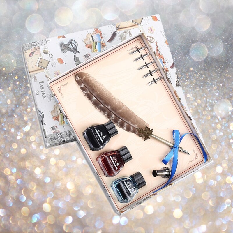 Calligraphy Set Antique Brass Holder 3 Ink Bottle for Beginner Students or Commerce Site 40JB