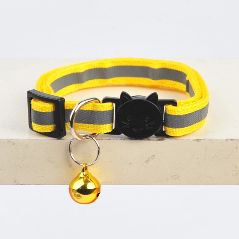 1PC Cats Bell Collars Adjustable Nylon Kitten Safe Necklace Reflective Cat Collar Buckles For Cute Pets Cat Accessories Supplies: yellow