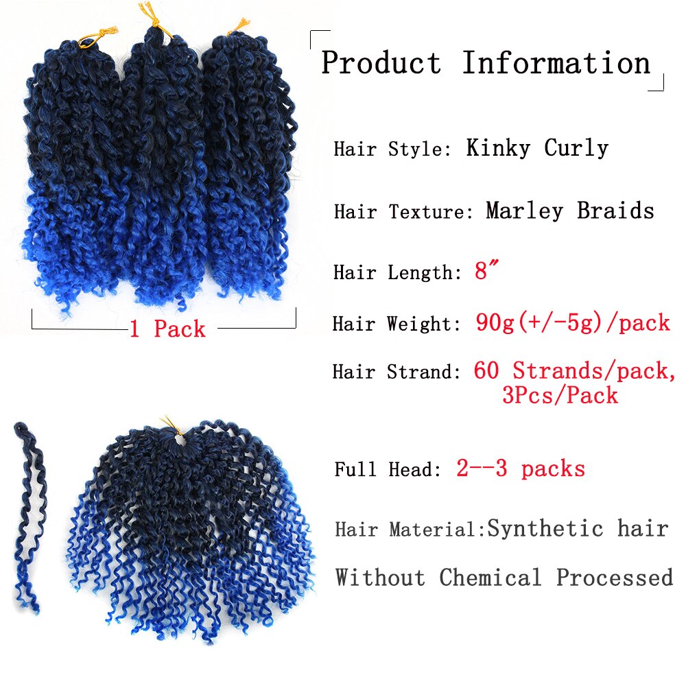 Pageup Marley Braids Hair For Women Ombre 1B/Blue 8 Inch Synthetic Crochet Braids Braiding Hair Extensions 3Pcs/Pac