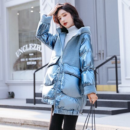Winter Coat Women Oversize Winter Down Jacket Plus Size Woman Coats Windproof Wool Hooded Thicken Warm Jackets: Haze blue / M