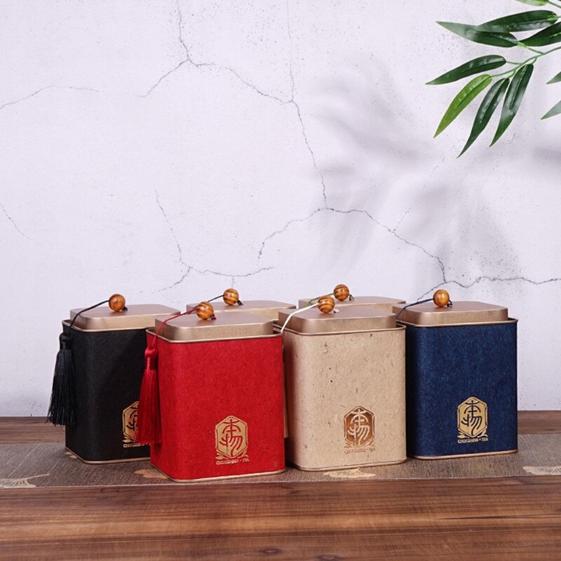 Metal Tinplate Box Square Tea Container Jar with Tassel Lid Green Tea Storage Box for Coffee Herb Candy Sugar Spices