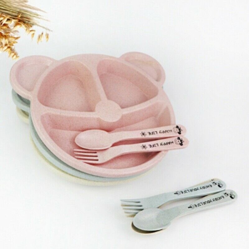 Feeding Food Tableware Cartoon Bear Children Dishes Kids Dishes Plate Baby Plate Fork Spoon Baby Eating Training Dinnerware Set