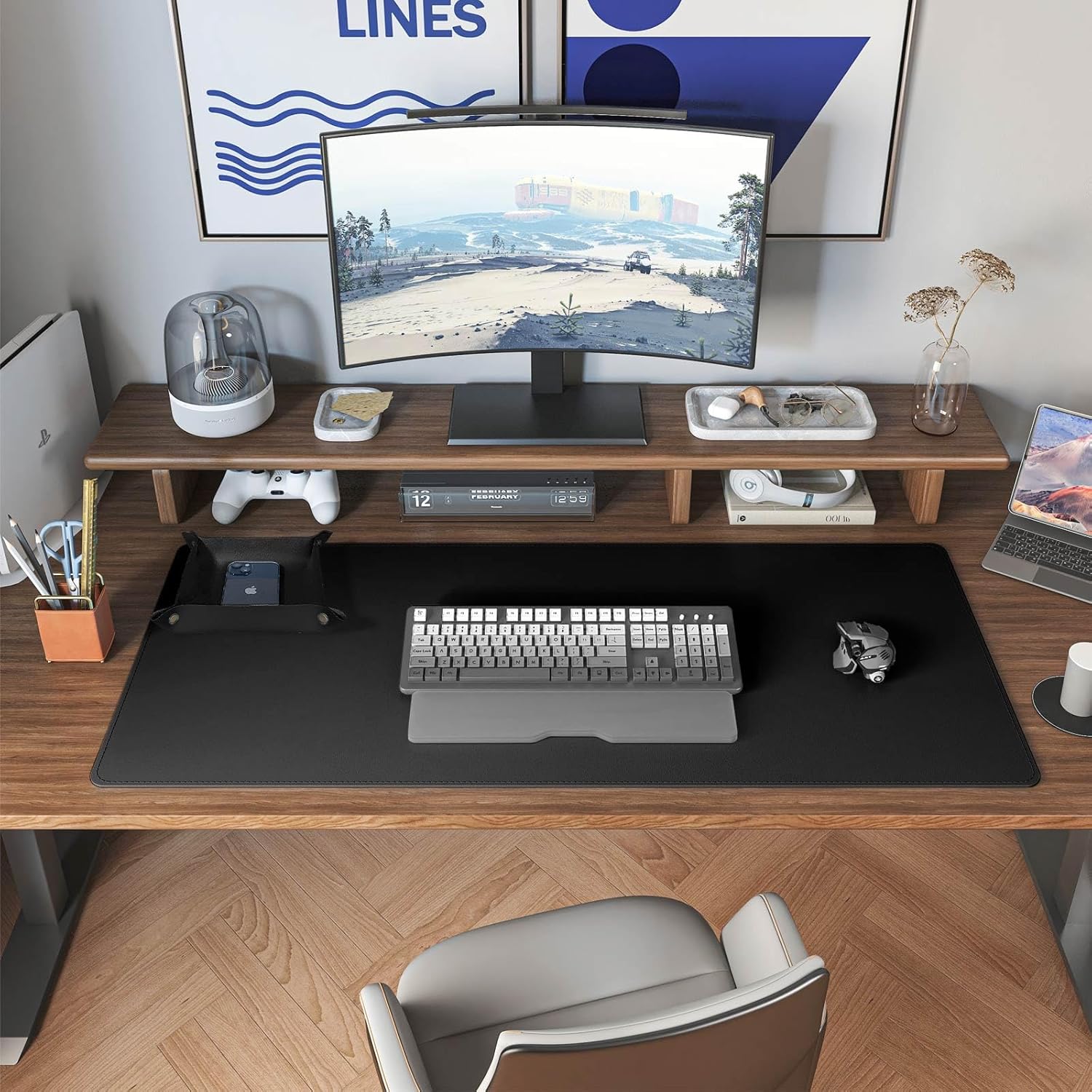 Dual Sided Desk Mat,Leather Desk Pad,Black Cork Desk Mat Protector,Large Mouse Pad,Desk Writing Pad for Office and Home
