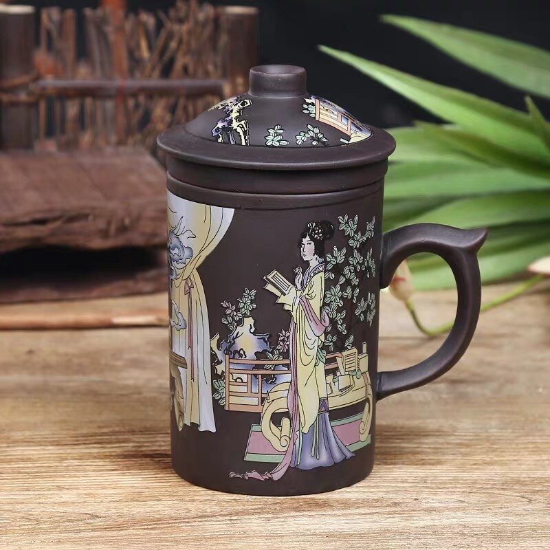 Håndlavet yixing håndmalet dragon skønhed lilla ler te krus med låg og infuser kontor tekop keramik vand krus drinkware: F