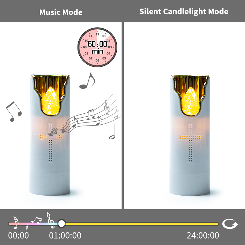 Bougie LED sans flamme pour prière, flamme oscillante avec haut-parleur musical, piles sèches, lampe à bougie en plastique pour église et tombe