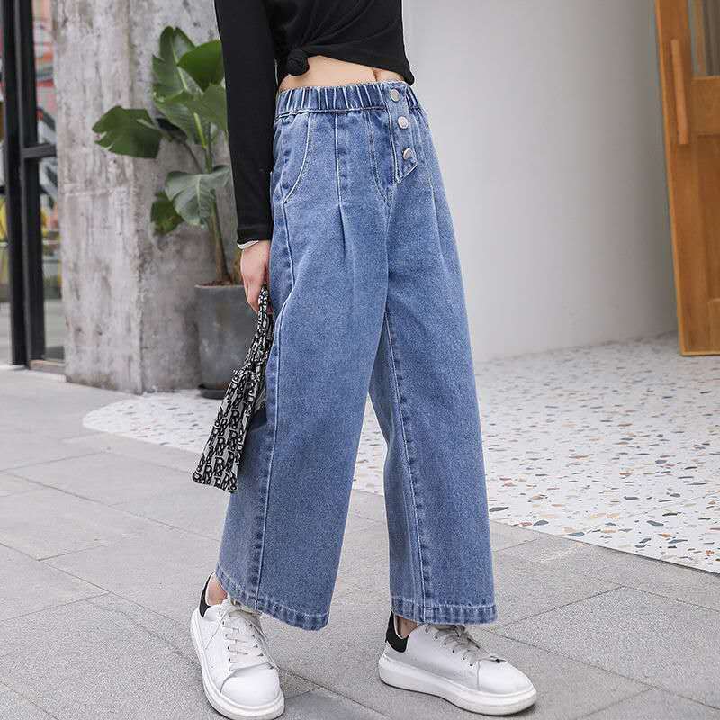 Girls Spring Autumn Wide Leg Denim Pants Solid Elastic Waist Kids Jeans Korean Straight 3-13 Years Old Children's Trousers