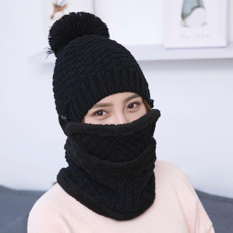 Gorro de lana de Pelo Liso para mujer, gorro de Cachemira de punto grueso y cálido, conjuntos de bufandas para exteriores, de invierno,
