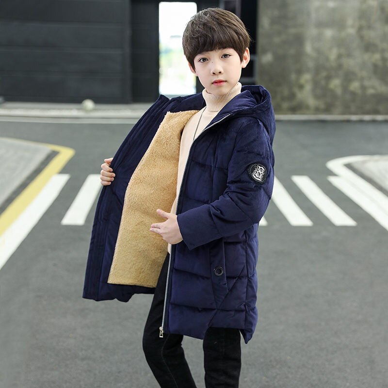 Inverno menino longo casaco parka adolescente casacos quentes casaco para crianças jaquetas pleuche adolescentes meninos inverno hoodies outerwear 5-14 t: Navy / 11(135-145CM)