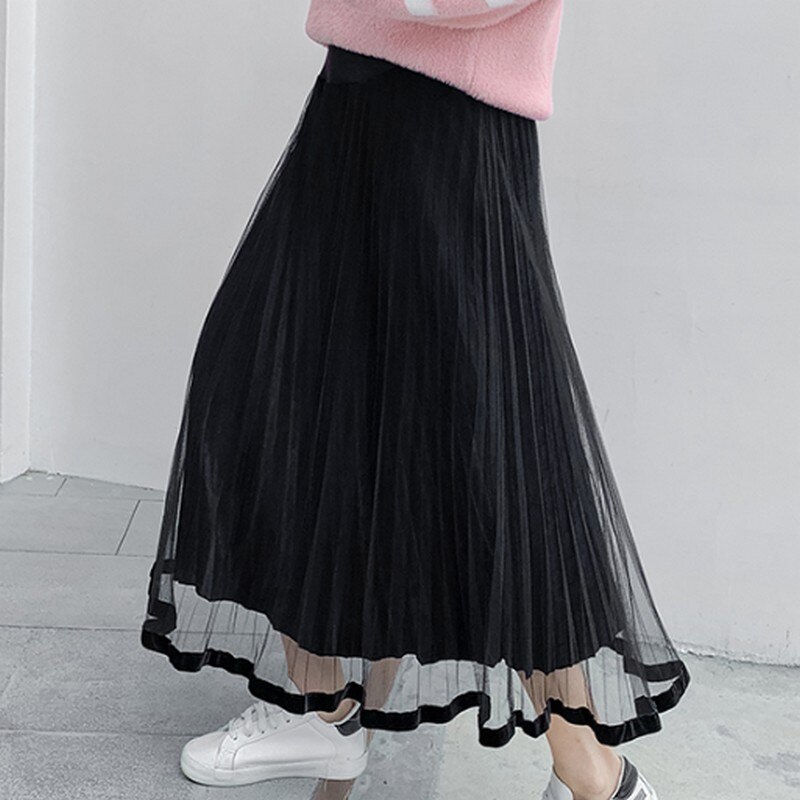 Lifting de l'estomac élasticité réglable maille plissée épissure maternité longue jupe couleur unie décontracté coréen taille haute jupe enceinte: Black / XXL