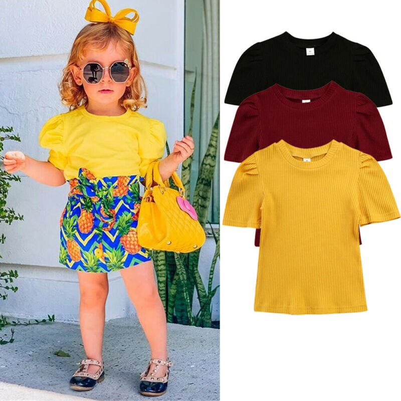1-6 jaar Kinderen T shirts Peuter Kid Baby Girl Solid Top 100% Katoenen Shirt Effen Gebreide T-shirt gewatteerde Schouder Kleding
