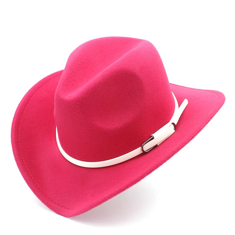 retro kvinner menn ull vestlig cowboyhatt rull-opp avlet kant filt cowgirl jazz gudfar sombrero lokk med hvitt belte størrelse 56-58cm: Rosenrød