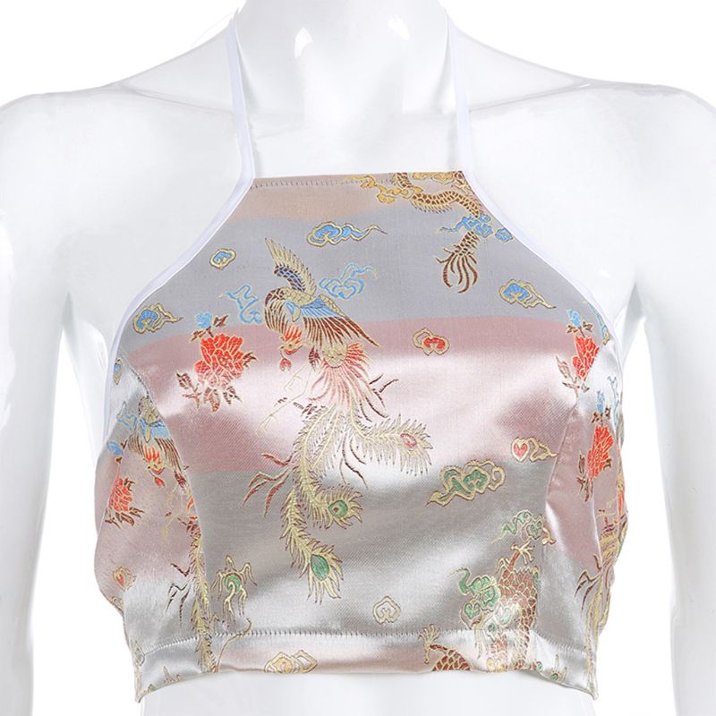 Kvinder imiteret silke ærmeløs halterrem afgrøde top kinesisk stil dragon phoenix broderi camisole slips rygløs vintage vest