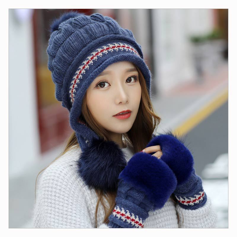 Women Winter Hat Gloves Set Warm Snow Hats Knitted Caps and Gloves Xmas hats for women: Navy Blue