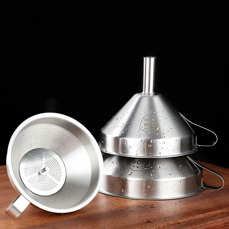 Embudo de cocina de acero inoxidable 304, embudo de aceite líquido con colador, filtro de aceite de alimentos de Metal pequeño para botellas, utensilios de cocina