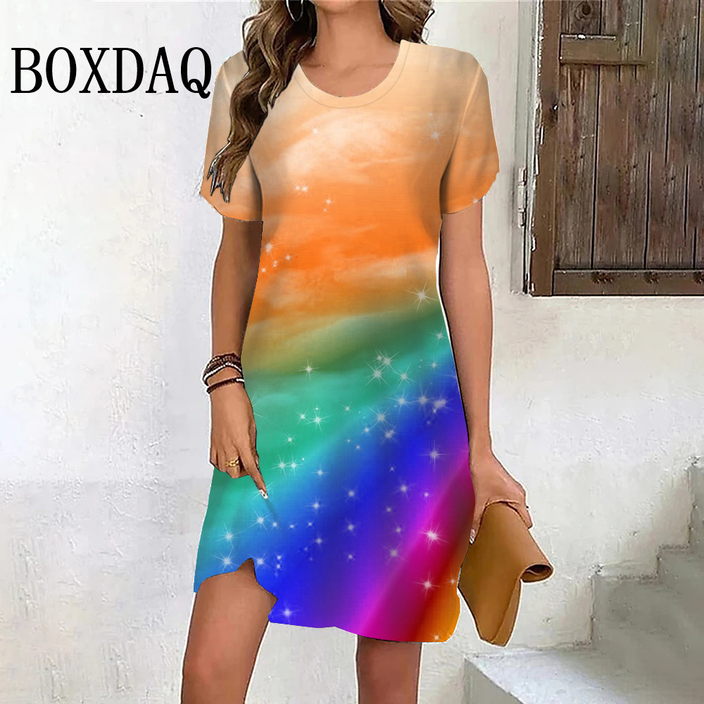 Rainbow Gradient 3D Print Women's Dress Summer Casual Sweet Short Sleeve Dress Streetwear Round Neck Mini Ladies Dresses: L / black