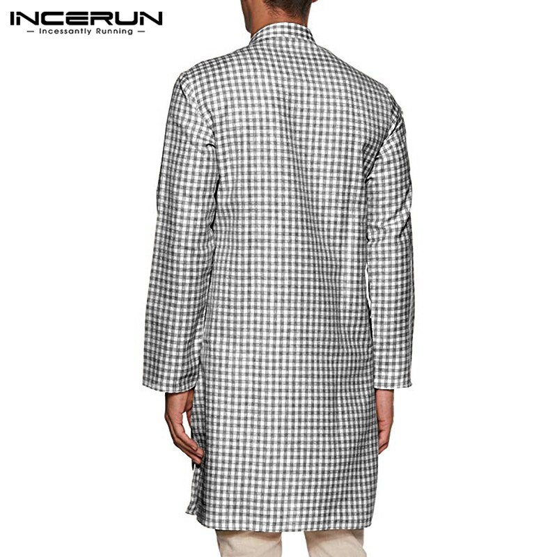 INCERUN Men Long Shirt Plaid Long Sleeve Indian Clothes Streetwear Stand Collar Kurtas Muslim Tops Vintage Casual Men Shirt