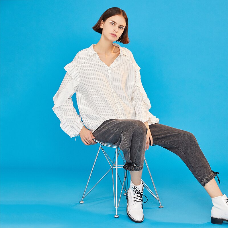 Toyouth femmes Vintage papillon à manches longues rayé chemise Blouses coton mélangé hauts rétro roupas femininas chemises
