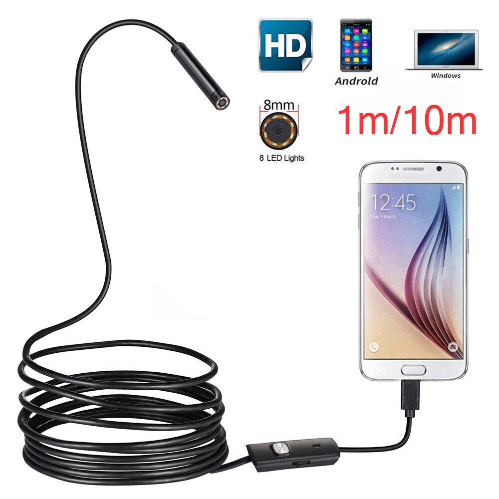 Câble USB pour caméra Endoscope, objectif 8mm, 1M/2 M/5M/10M, Android, lumière led, pour téléphone, PC et Android