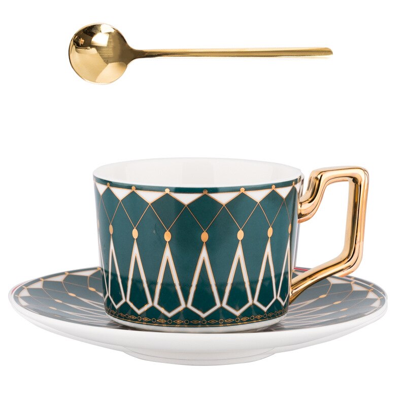 British Style Luxury Moroccan Coffee Cup and Saucer Set with Gold Handle 220ml Ceramic Afternoon Tea Cup Porcelain Drinkware: Green