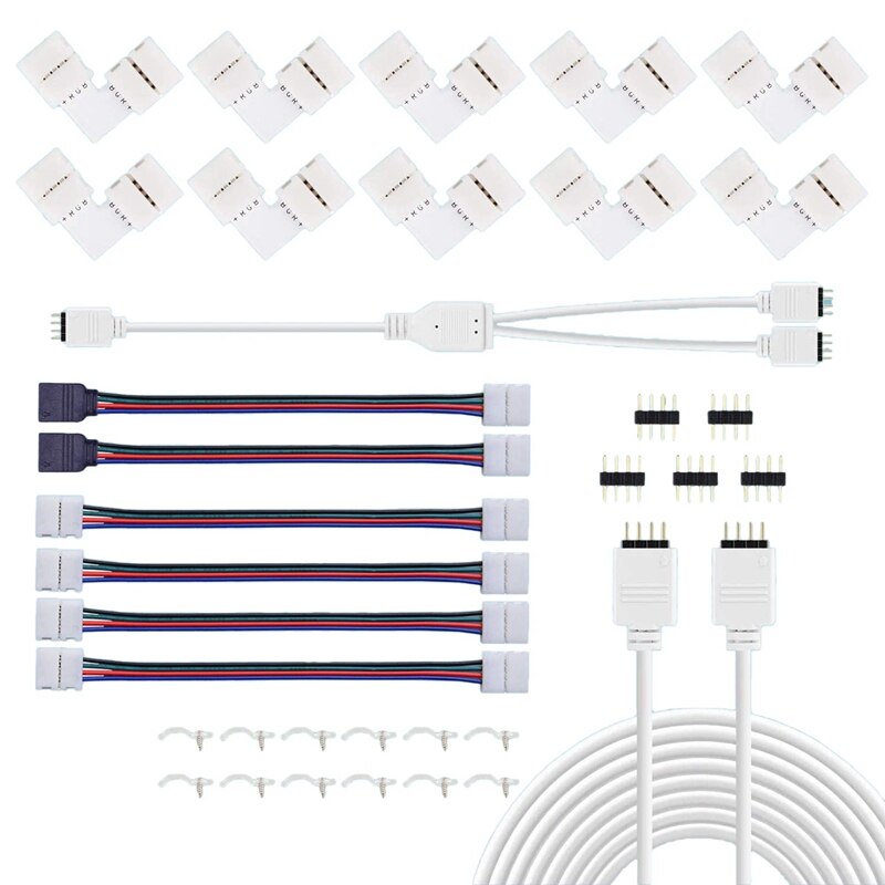 LED Light Connector Kit, 10Mm RGB LED Connector Includes 10X L Shape Connectors,2M LED Strip Light Extension Cable