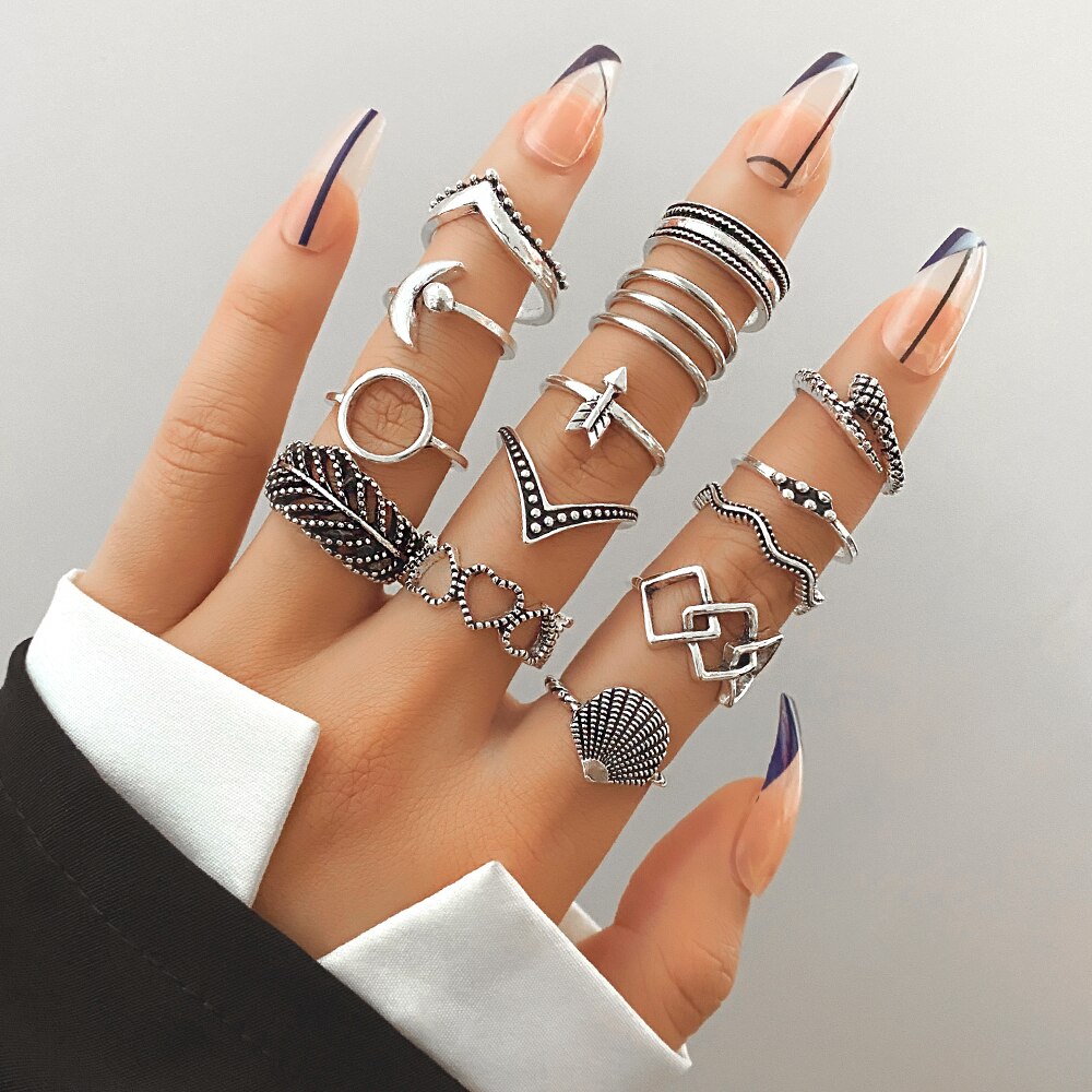 FNIO Trend Silver Color Geometric Personality Rings Set For Men Women Hip-Hop Punk Rings Party Jewelry