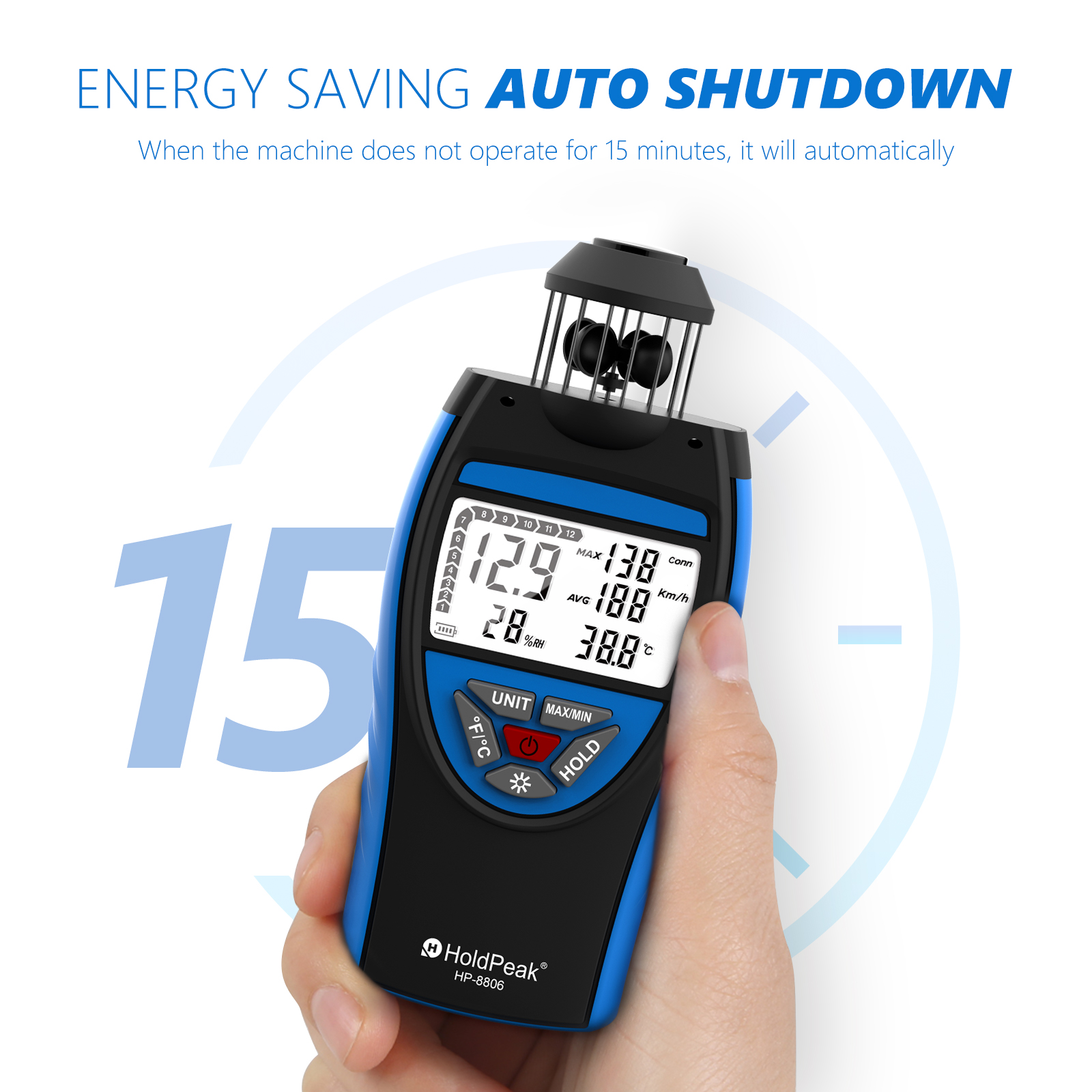 HOLDPEAK HP-8806 Handheld Wind Cup Anemometer 2.5150 KM/h AVG 6 Unit Adjustable with Temperature Measurement Backlight Display