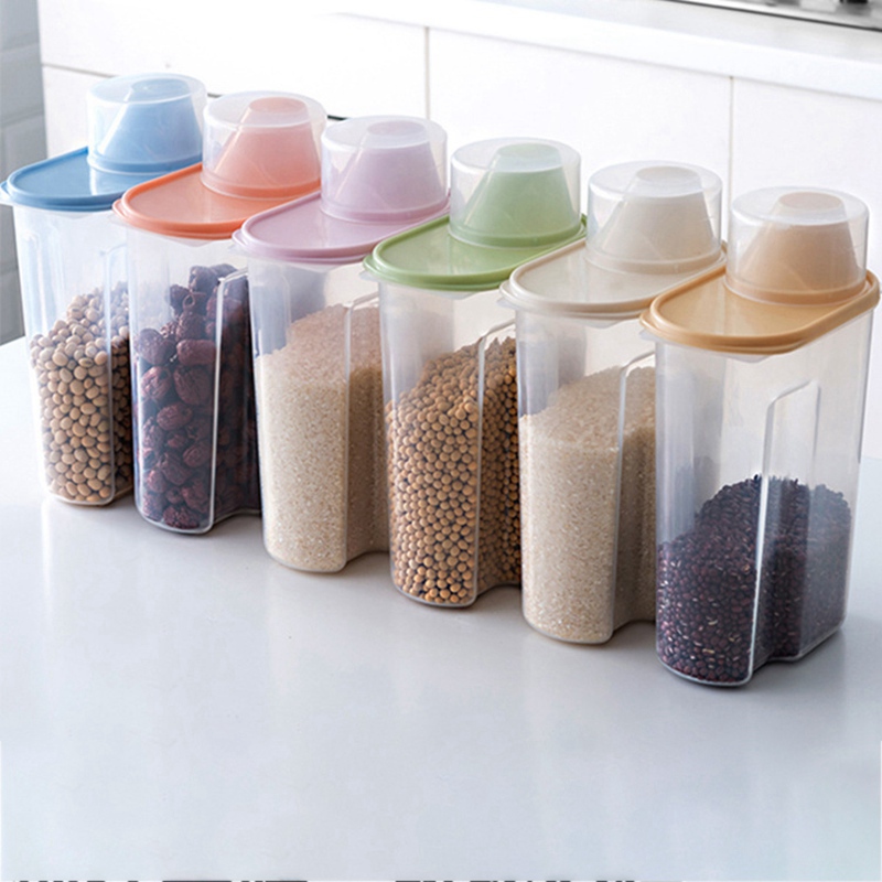 1,9/2.5L dispensador de cereales con caja de almacenamiento con tapa envase de plástico para arroz alimentos sellado tarro latas para cocina grano frutos secos refrigerios