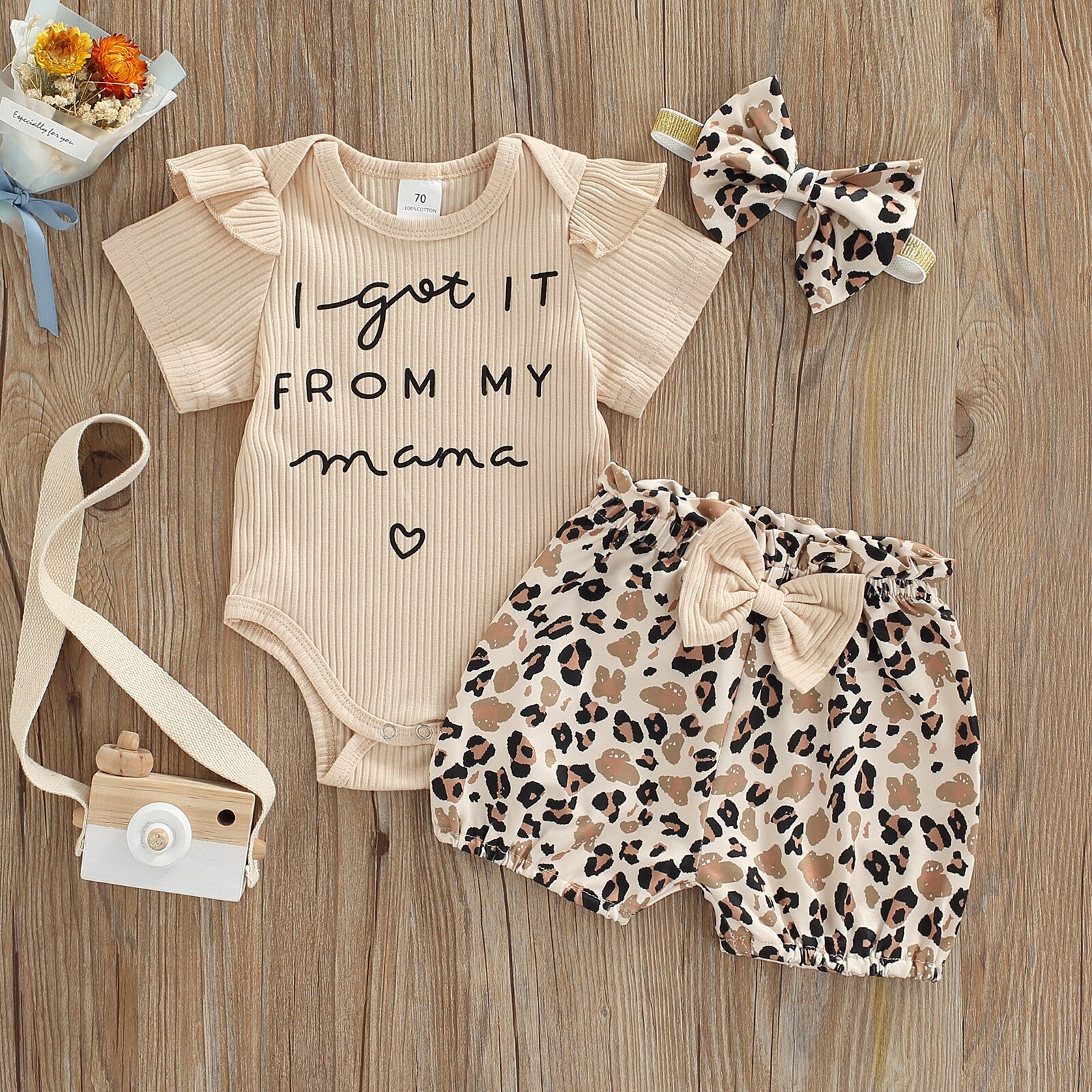 Ensemble de vêtements d'été pour bébés filles de 0 à 18M, barboteuse à manches courtes + Short imprimé léopard/tournesol, I GOT IT FROM MY MAMA, 3 pièces, 2022