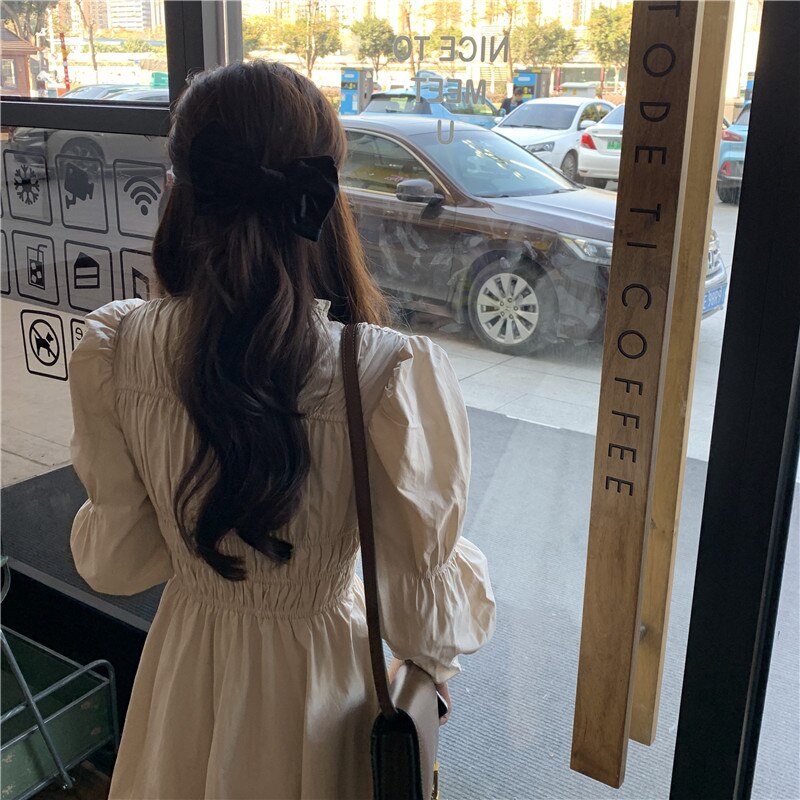 SuperAen retro francuski stałe bufiaste rękawy talia plisowana, pomarszczona kołnierz szczupła linia sukienki kobiet