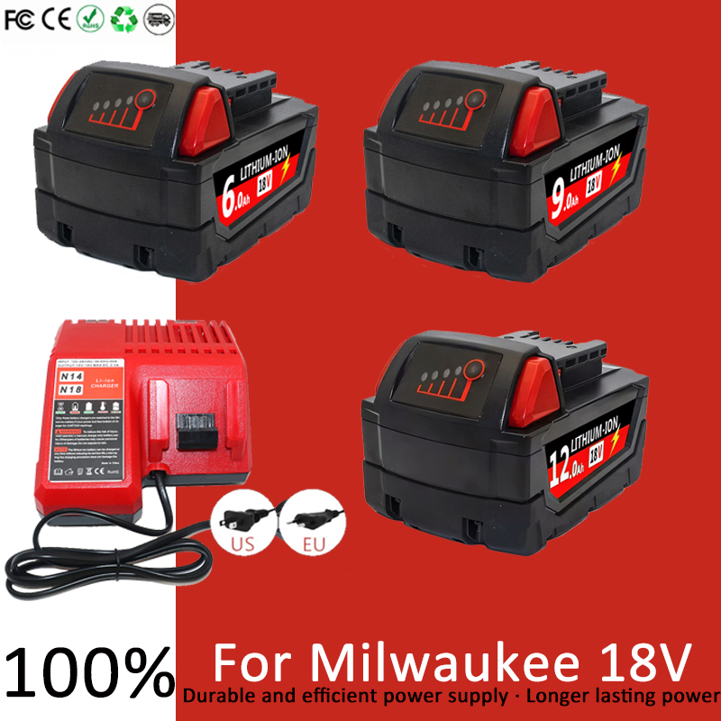 6000 Mah/12000 Mah Voor Milwaukee M18 18V Vervanging Voor Milwaukee M18B5 XC Li-Ion Batterij 48-11-1815 2604-20 48-11-1850 Oplader
