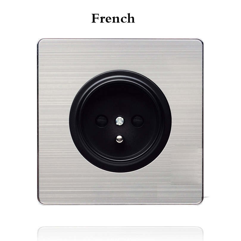 2 Gang 1 2 Way Brushed stainless steel Light EU Socket Any Click Point Control Wall Socket Switches Panel With Led: French standard