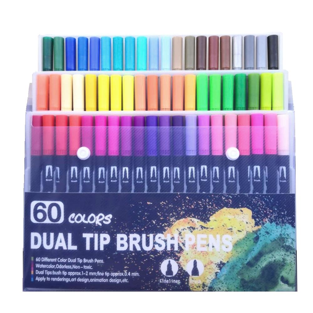 100 farver dobbelt tip kunst børste markør penne akvarel fineliner maleri tegning papirvarer effekt god til farvning af manga tegneserie: 60 farver