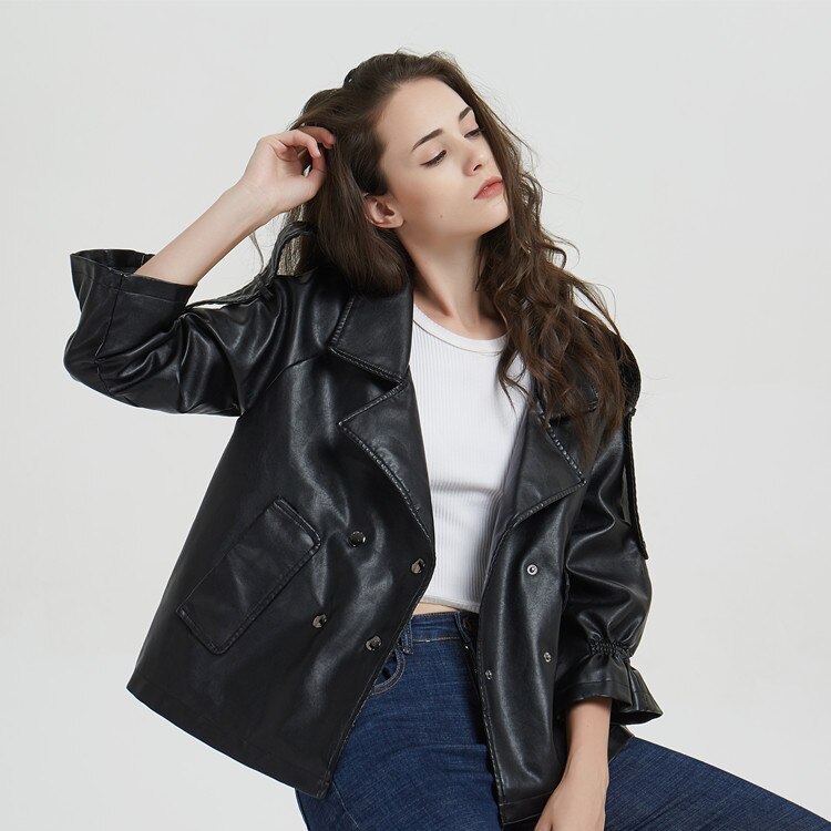 Flare Sleeve Faux Leather Jacket Women Double Breasted Short Punk Style Jackets Female Bomber Basic Outwear