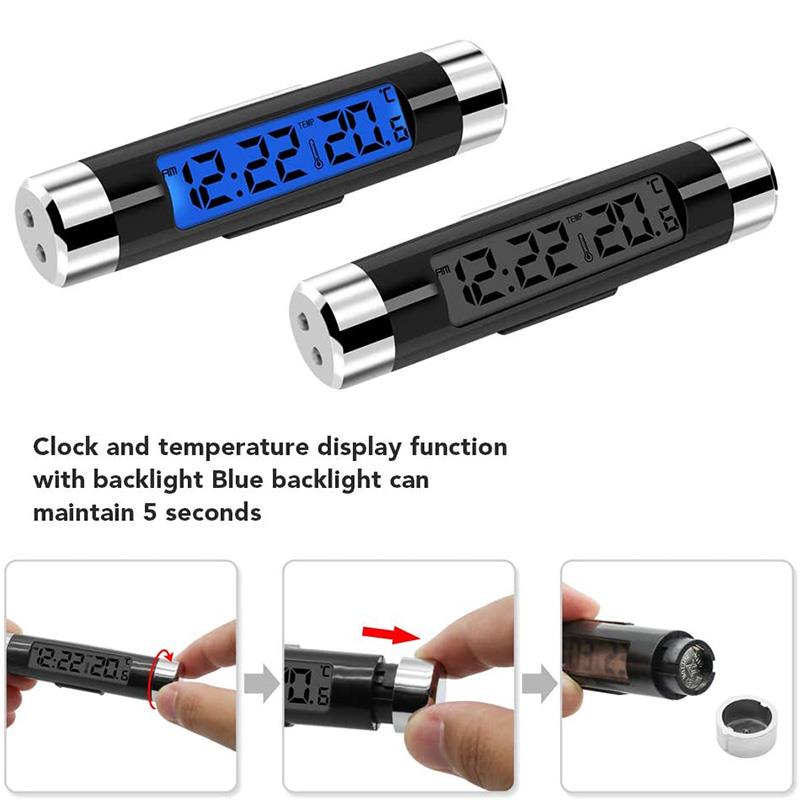 2 in 1 Mini Car Digital Clock&Temperature LCD Display Auto Electronic Time Temperature Monitor Blue Backlight w/2 Clips