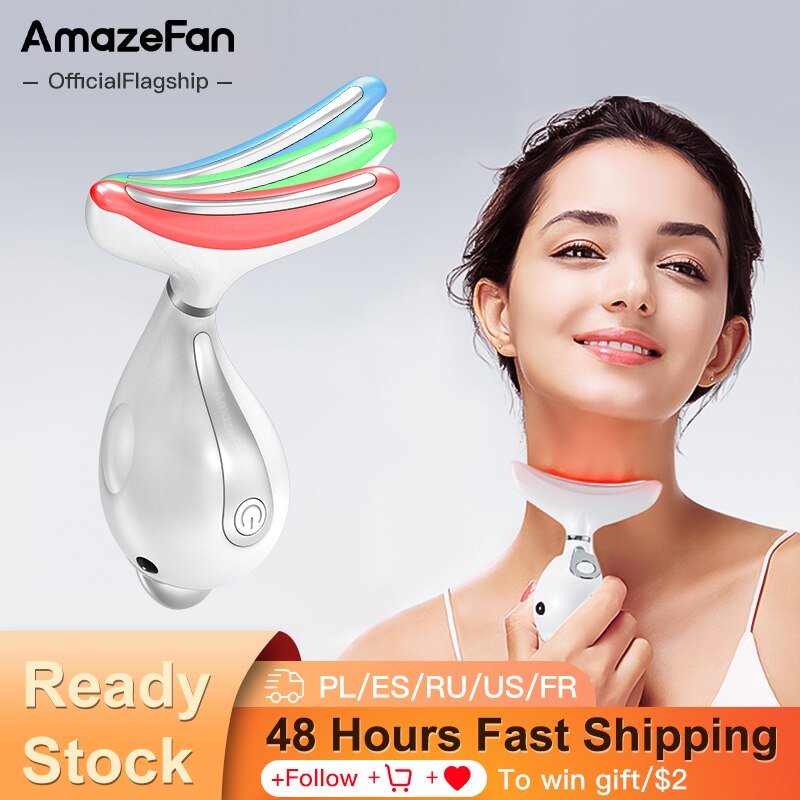 AmazeFan-masajeador de cuello Facial Led, 3 colores, fotonterapia, máquina de eliminación de arrugas de cara y cuello, Reduce el estiramiento de piel de doble barbilla