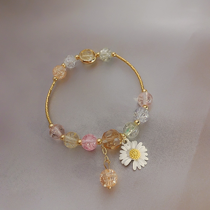 Mignon Bracelet à breloques en or avec perles de cristal fleur breloque bijoux de pour les femmes