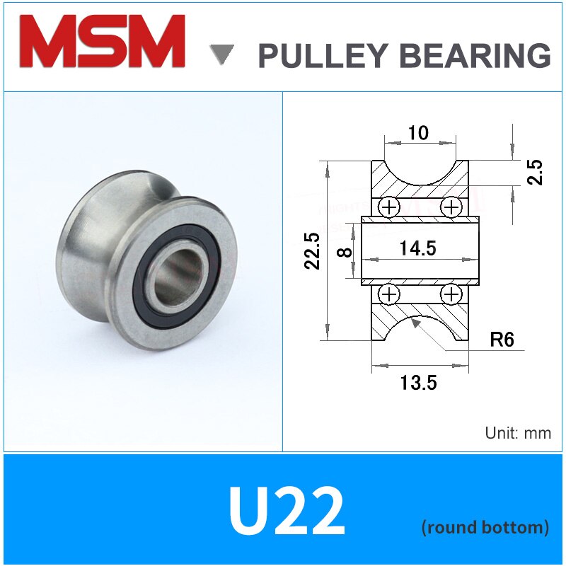 MSM-Rodamientos de bolas de ranura en U, 5 uds., U22, 8mm, rueda de rodillo de polea de pista T22, tornillo de perno M8, rodamiento de guía de riel de seguimiento de 8x22,5x14,5x13,5mm