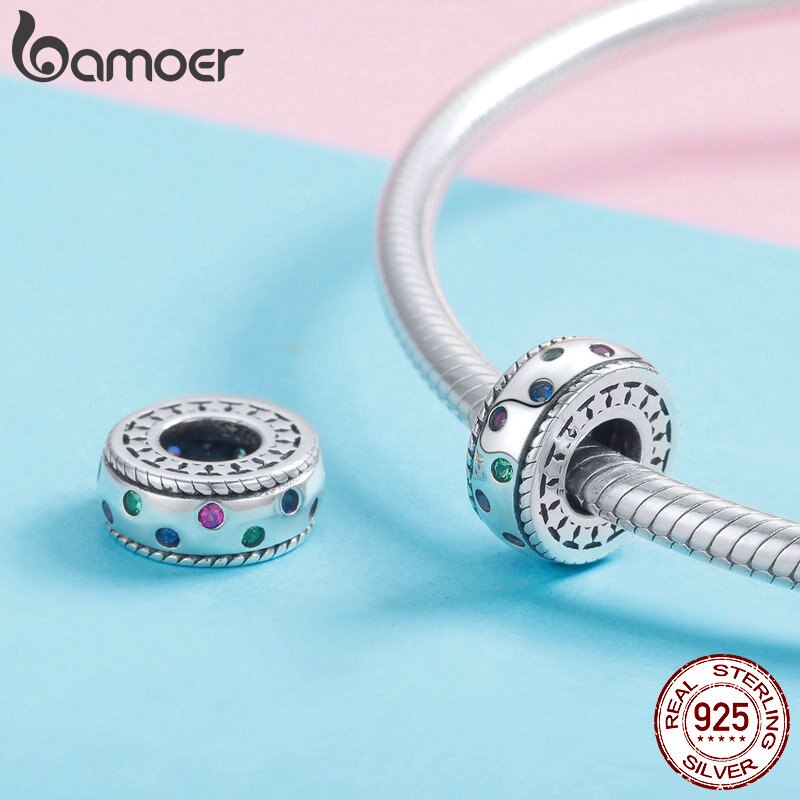 BAMOER Vendita Calda 100% 925 Sterling Silver Arcobaleno Colorato CZ Branelli di Fascino del Distanziatore Misura Branelli Braccialetti Con Ciondoli Braccialetti Dei Monili SCC1005