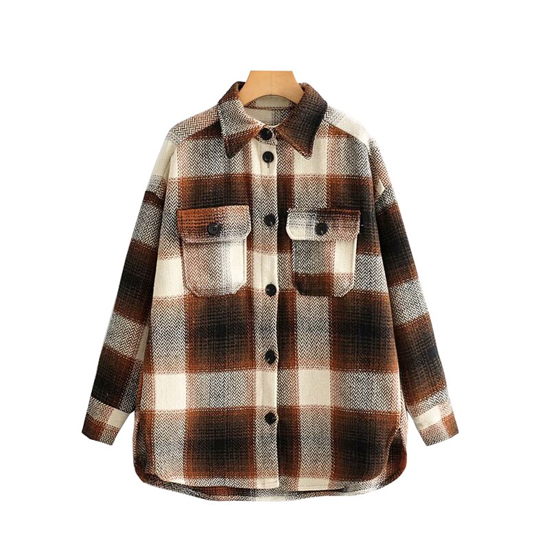 TRAF-Chaqueta de lana a cuadros para mujer, chaqueta holgada de lana de gran tamaño con bolsillos y manga larga, Estilo Vintage: light brown / S