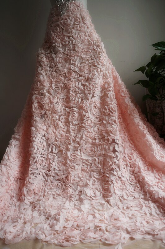1 yard 3D chiffon rosette lace fabric, light pink color 3D rose pleated ruffled lace fabric for bridal wedding dress