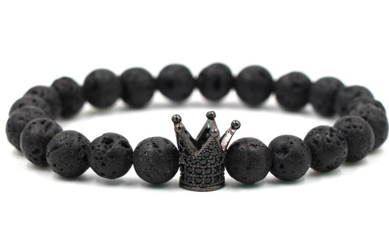 8mm yh534 élastique ajusté nature pierre noire perle de lave volcanique micro pavé couronne cz cubique zircon Bracelet