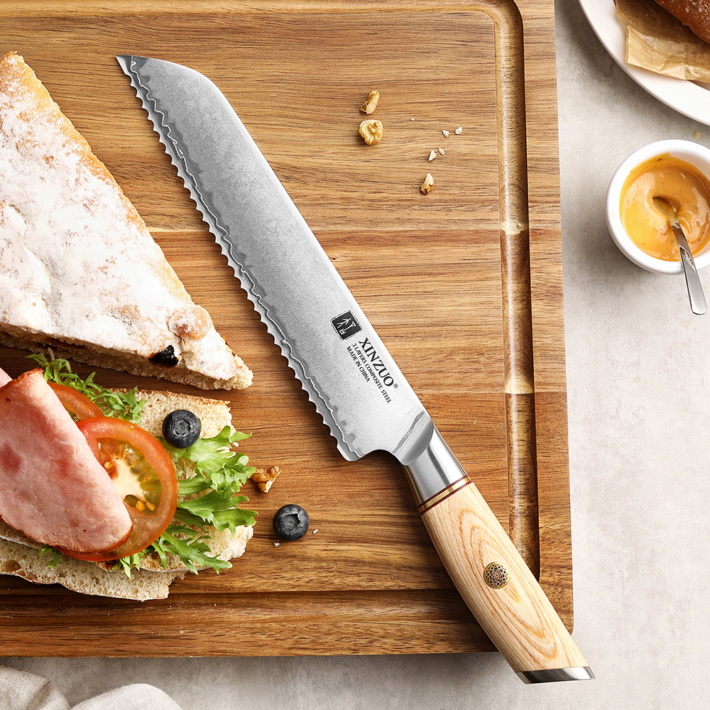XINZUO 8.5" Bread Knife 60+2HRC Composite Steel With Japanese Pakkawood Handle Bread Knife Kitchen Accessories