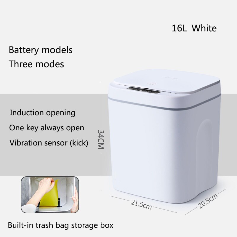 Cubo de basura inteligente para el hogar, papelera eléctrica automática con Sensor infrarrojo, color blanco, 12/14/16L: 16L White